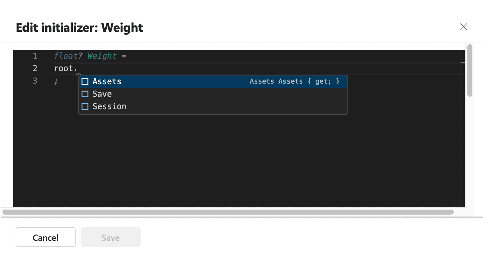NeoScript initializer drawer showing contextual code completions
