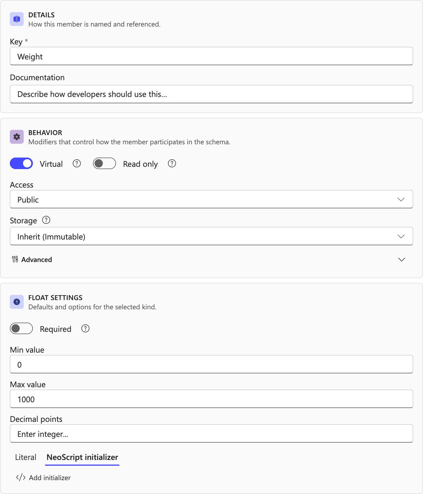 Neo Compose member editor showing the NeoScript initializer tab